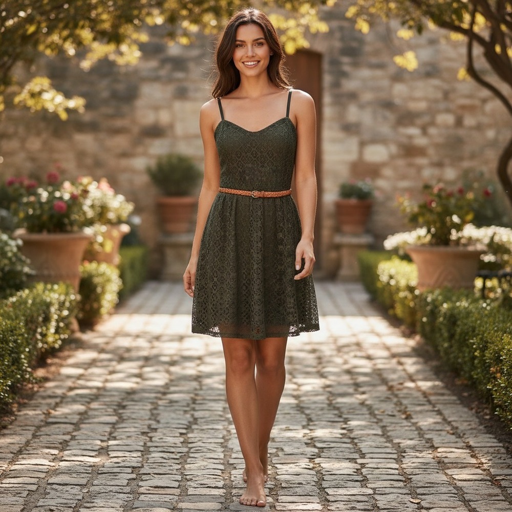 Maurices Olive Green Lace Fit Flare Dress Belted Sleeveless‎ Cottagecore Boho M